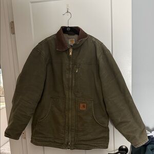 Vintage Carhartt Men's Green Field Jacket with Brown Collar